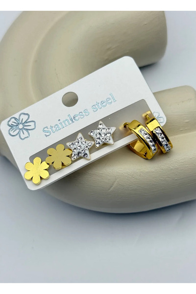 BİJU YILMAZ Steel gold 6-piece stone star earrings - 25-clk90