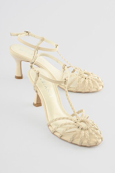 Mubiano Women's Heeled Shoes Hand Knitted Sandals Camia Beige