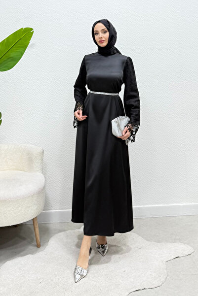 Tesettür Diyarı Lace belted, stone-embellished satin hijab evening dress - black