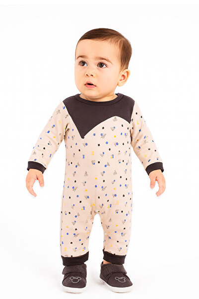 Lilo Co رومبير مطبوع بأكمام طويلة للأطفال مع ياقة بلون مغاير - بيج