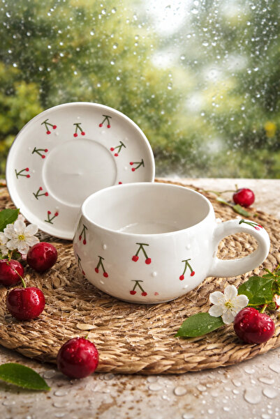 Pembevim Atölyesi Kiraz Desenli El işlemeli Seramik Tabaklı kupa Mug. Kahve v...