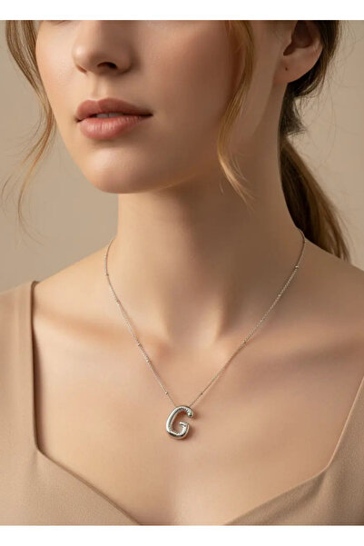 BİJU YILMAZ قلادة من الفولاذ الفضي على شكل حرف G - 25-clkk40