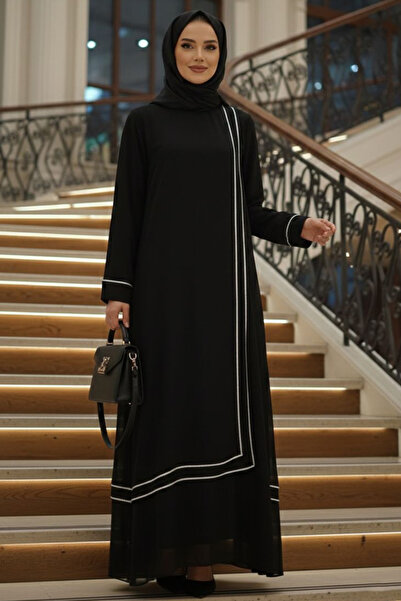 N.S NEVA STYLE Black Hijab Evening Dress with Ribbon Detail 4874S