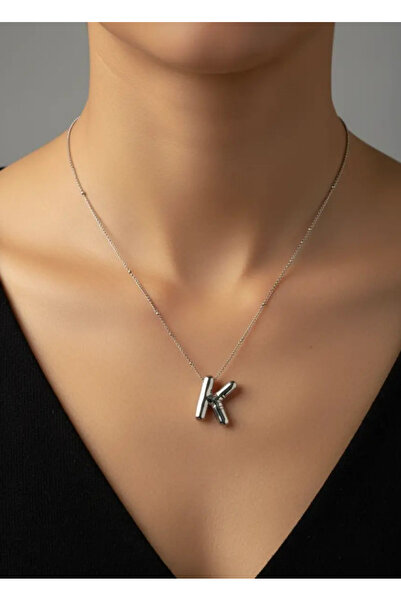 BİJU YILMAZ قلادة من الفولاذ الفضي على شكل حرف K - 25-clkk35