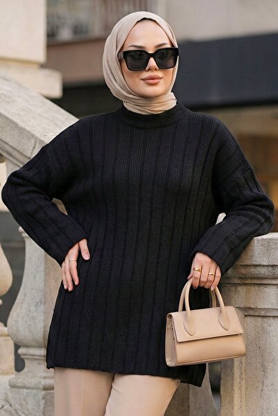 N.S NEVA STYLE Tunică pulover din tricotaj negru cu cusături 8844S