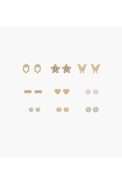 Lifestyle عبوة من 9 أقراط ذهبية اللون مرصعة بمشابك خلفية