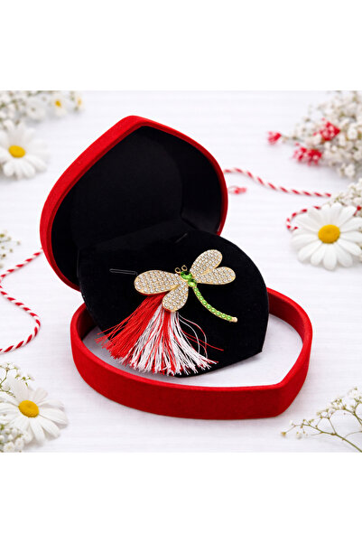 OEM Golden dragonfly brooch with rhinestones, velvet box