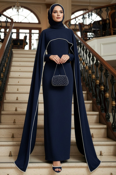 N.S NEVA STYLE - Rochie de seară cu mantie, albastru marin, stil tesettür 55481L