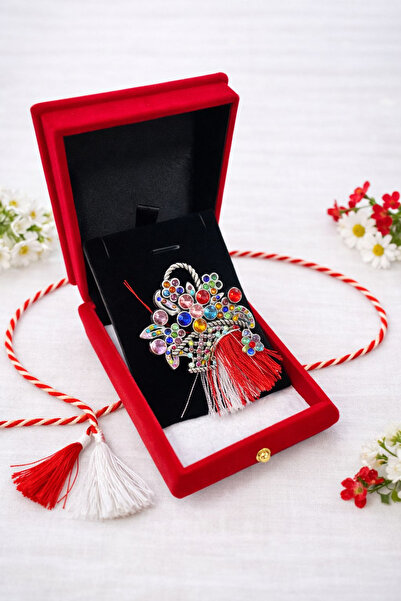 OEM Silver basket brooch with rhinestones in a luxury red velvet box 8.5cm