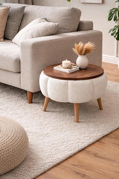 KOKİ DESİGN Papatya Wellsoft Kırık Beyaz Kumaş Kaplamalı Yuvarlak Çap 45 cm Y...