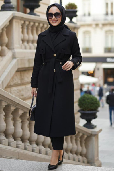 N.S NEVA STYLE Capac negru cu centură pentru haine musulmane 6264S