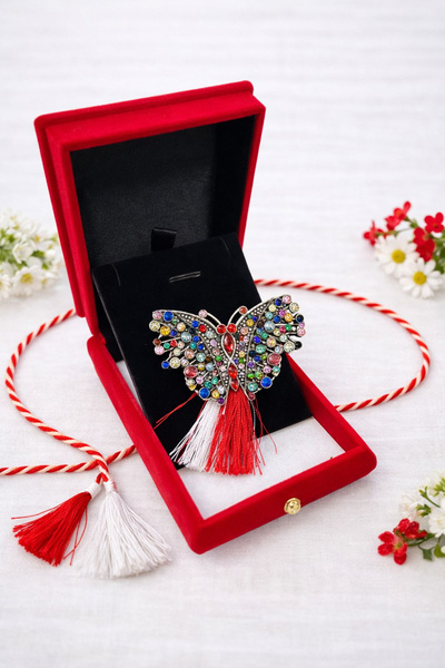 OEM Broșă fluture din argint cu pietre în cutie premium de catifea roșie 8,5 cm