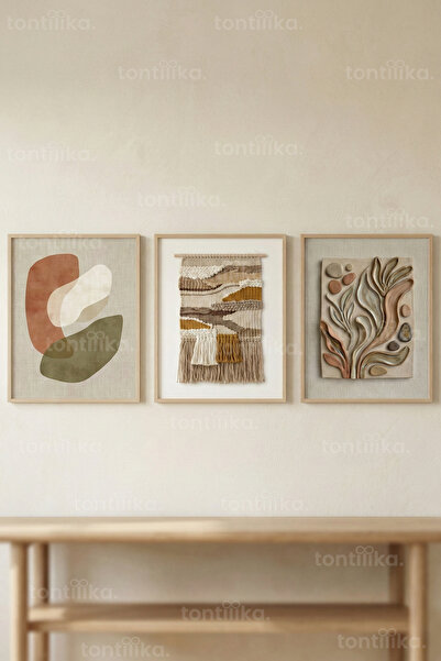 Tontilika Doğal Dokulu Boho Soyut 3’lü Ahşap Çerçeveli Tablo Seti