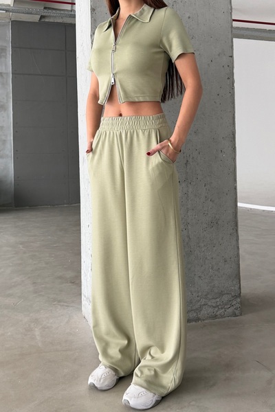 BEJNA Women's Double Zipper Detailed Modal Textured Top and Bottom Set