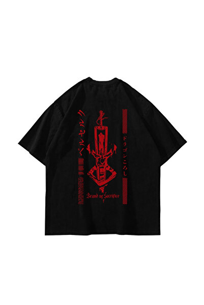 Sekizbiraltı Berserk Dragon Slayer Baskılı Oversize Unisex Siyah Tshirt