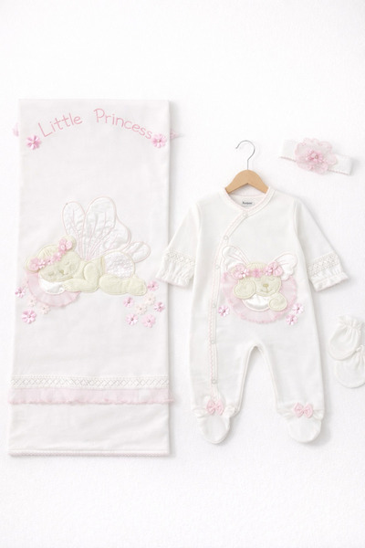 Kardeşler Bebe Baby Girl Little Princess Embroidered 4-Piece Blanket and Romp...
