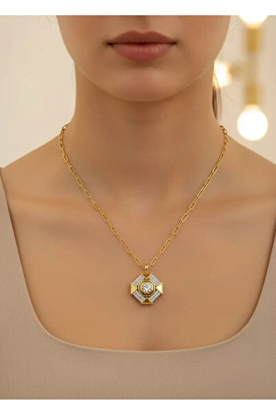 BİJU YILMAZ Steel Gold Stone Necklace - 25-Clkk126