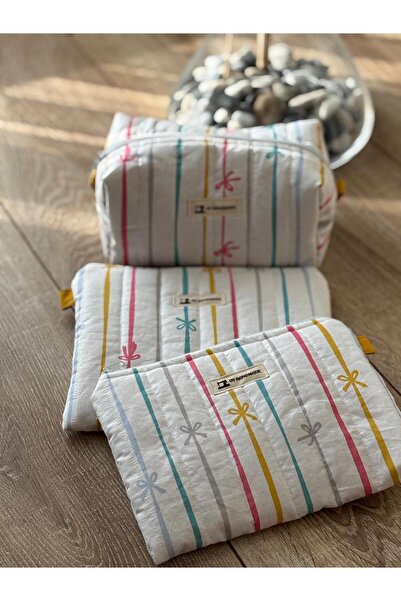 dyhandmade Renkli Fiyonk Desenli Makyaj Çantası Seti