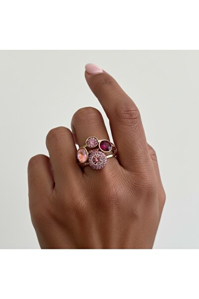 COCOSH TAKI خاتم أنيق قابل للتعديل بلون ذهبي وردي فوشيا مرصع بالأحجار