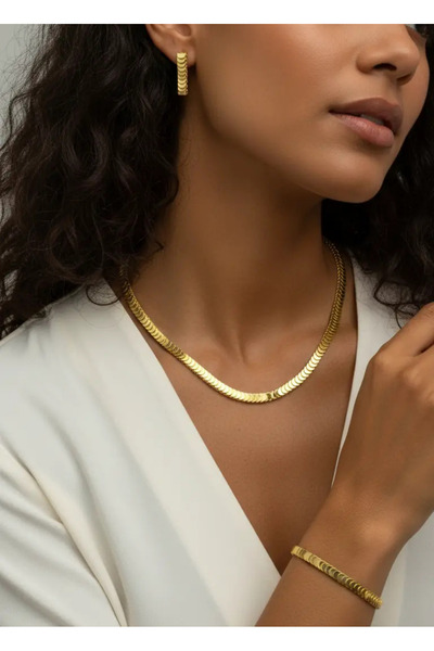 BİJU YILMAZ Vip 22K Altın Kaplama Kolye Küpe Bileklik Set - 25-22ks22