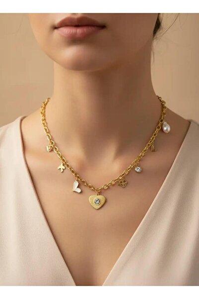 BİJU YILMAZ Steel gold heart charm necklace - 25-clkk145