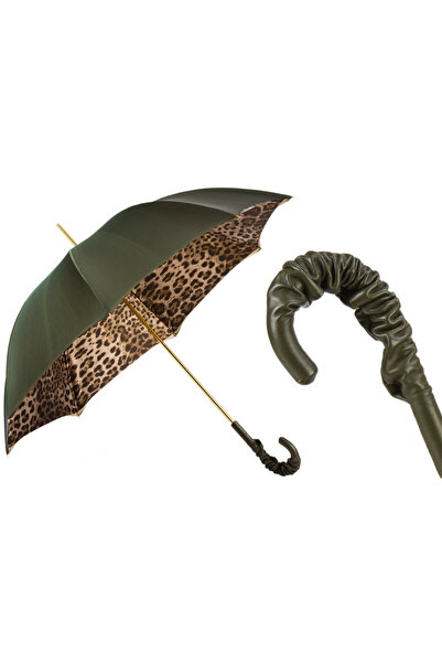 PASOTTI Leopar Desenli Zeytin Yeşili, Büzgülü Deri Saplı Şemsiye Manuel Açma ...