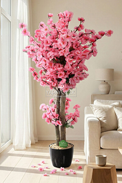 Yapay Çiçek Deposu Saksıda Yapay 2 Gövdeli Bahar Dalı Ağacı 100 cm Pembe