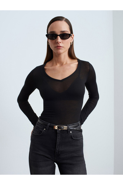 Dilvin 32310 Μπλούζα από κασμίρ με λαιμόκοψη V - Μαύρο