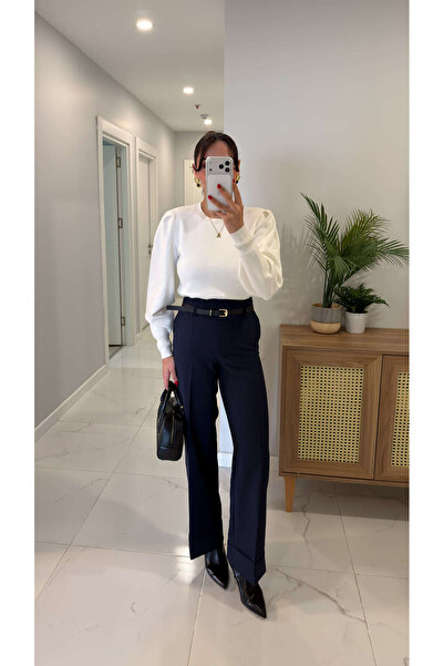 BİRCANÇİL Mollandra Navy Blue Belted Trousers with Detailed Cuffs