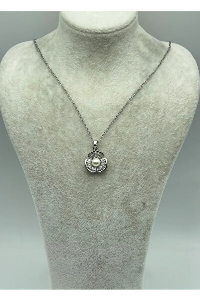 BİJU YILMAZ Steel Silver Pearl Flower Necklace - 25-Ctr180