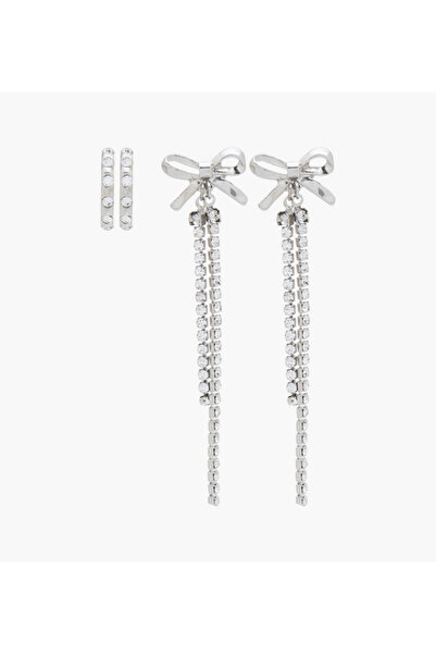 Lifestyle Pack of 2 Silver Tone Stone Embellished Earrings with Pushback Closure