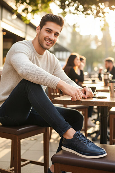 enoch حذاء رياضي رجالي من إينوخ مصنوع من الجلد الطبيعي باللون الأزرق الداكن و...