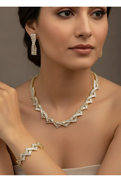 BİJU YILMAZ Vip Gold Taşlı Kolye Küpe Bileklik Su Yolu Set - 25-22ks02