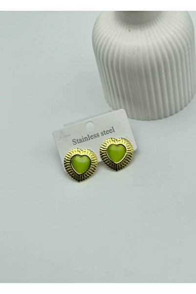 BİJU YILMAZ Steel Gold Green Stone Heart Earrings - 25-Clk43