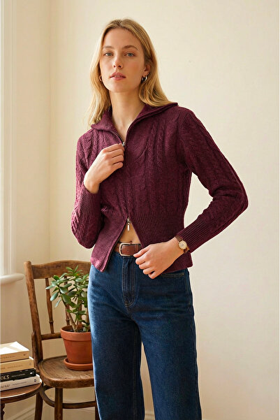 SAYZEN Women's Crop Sweater with Zipper Detail