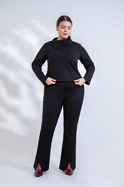 Roxxlen Γυναικείο παντελόνι μεγάλου μεγέθους με λεπτομέρεια στο τελείωμα, μαύρο