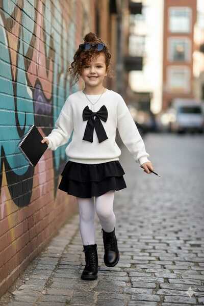 Ütk kids Fırfırlı katlı etekli burgu fiyonklu bayramlık kız çocuk takım