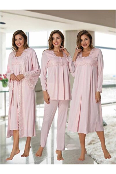 Lohusa Homewear Women's Pink Long Sleeve Lace Detailed 100% Cotton Maternity ...