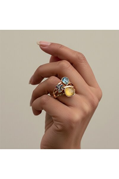 COCOSH TAKI Gold renk sarı mavi taşlı ayarlanabilir şık yüzük