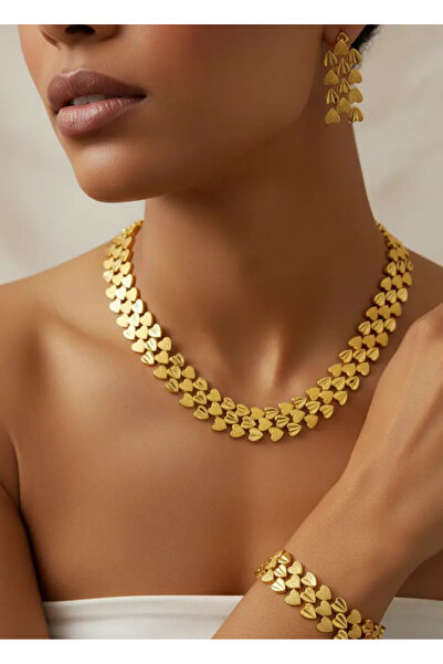 BİJU YILMAZ Vip 22K Altın Kaplama Kolye Küpe Bileklik Set - 25-22ks17