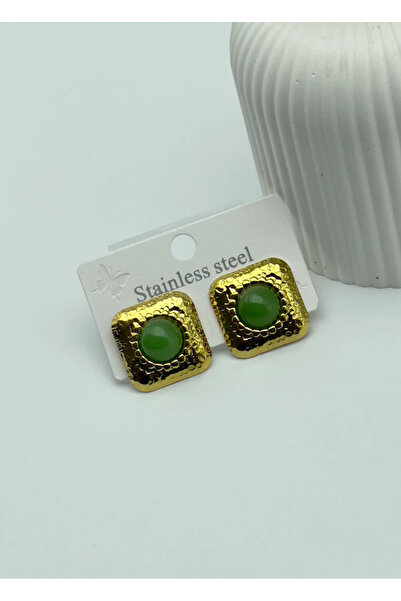 BİJU YILMAZ أقراط مربعة من الفولاذ باللون الذهبي والأخضر - 25-clk41