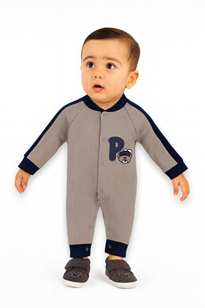 Lilo Co Baby Long Sleeve Ribbed Romper with Bear Patch – Gray/Navy