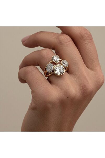 COCOSH TAKI Gold renk şeffaf taşlı ayarlanabilir şık yüzük