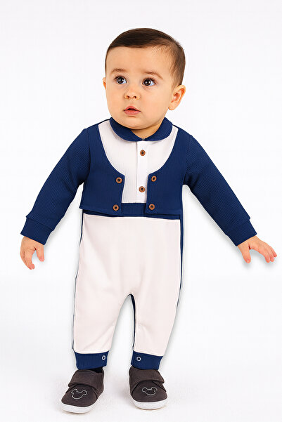 Lilo Co رومبير أطفال بأكمام طويلة بتصميم كارديجان – أبيض/كحلي