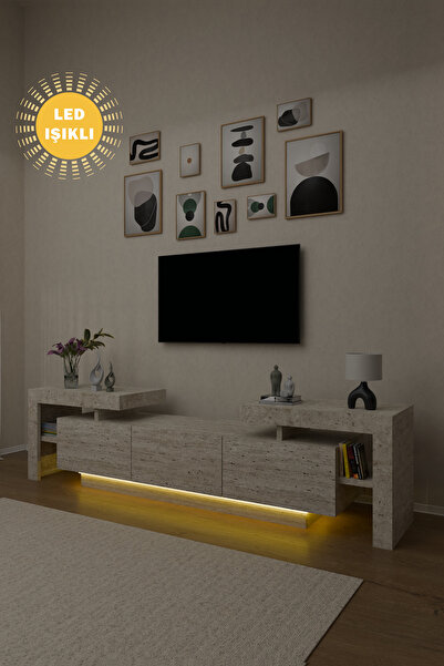 onehediye Led Işıklı Traverten Desen 190 cm 3 Kapaklı Raflı Tv Ünitesi Tv Seh...