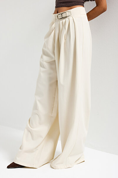 it's basic Women's Ecru Stone Color Palazzo Fit Belt Detailed Viscose Fabric ...