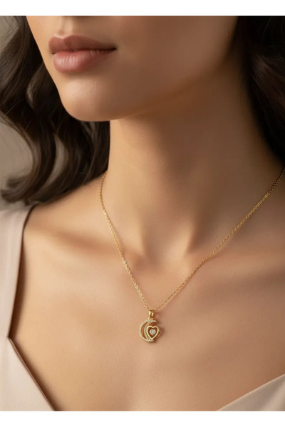 BİJU YILMAZ قلادة القمر والقلب من الفولاذ الذهبي - 25-ctr32