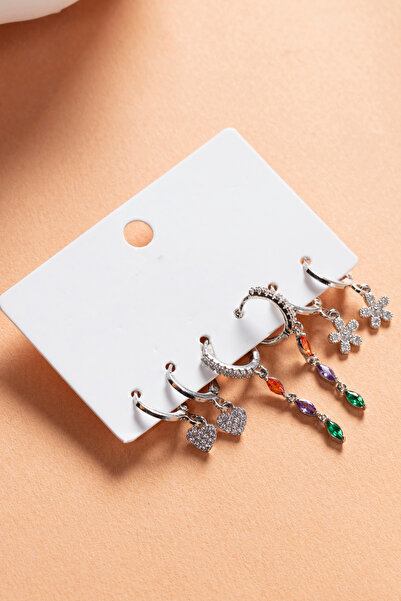 Elika Silver Kadın Üçlü Küpe Seti, Kalp Küpe, Çiçek Küpe ve Renkli Halka Küpe