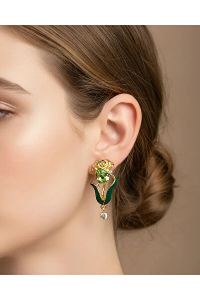 BİJU YILMAZ أقراط زوبينغ على شكل وردة مرصعة بالحجر الأخضر - 25-xpkp263