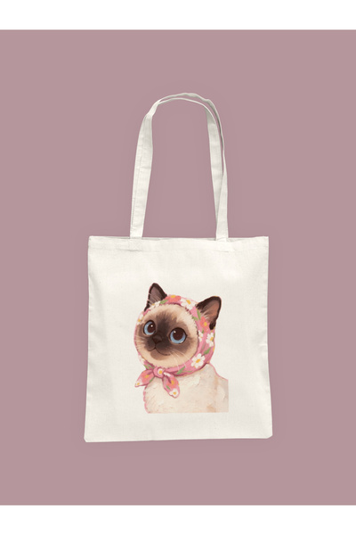 Hayali Şeyler Floral Scarf Cat Printed Cloth Bag